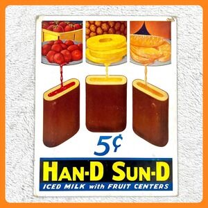 1940s Han-D Sun-D Vintage Advertising Sign 14" Display Ice Cream‎
